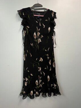 Vintage Eva Blue Black Floral Midi Dress V-Neck Flutter Sleeve Ruffle Hem Summer